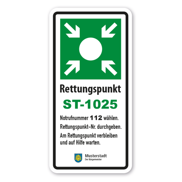 Hinweisschild Rettungspunkt - mit Ihrer Nummer und Betreiberinformation