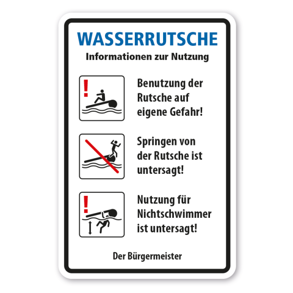 Hinweisschild für Wasserrutschen - im Becken schwimmend - mit Informationen zur Nutzung