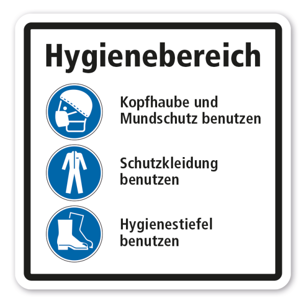 Gebotsschild Hygienebereich - Kopfhaube, Mundschutz, Schutzkleidung und Hygienestiefel benutzen