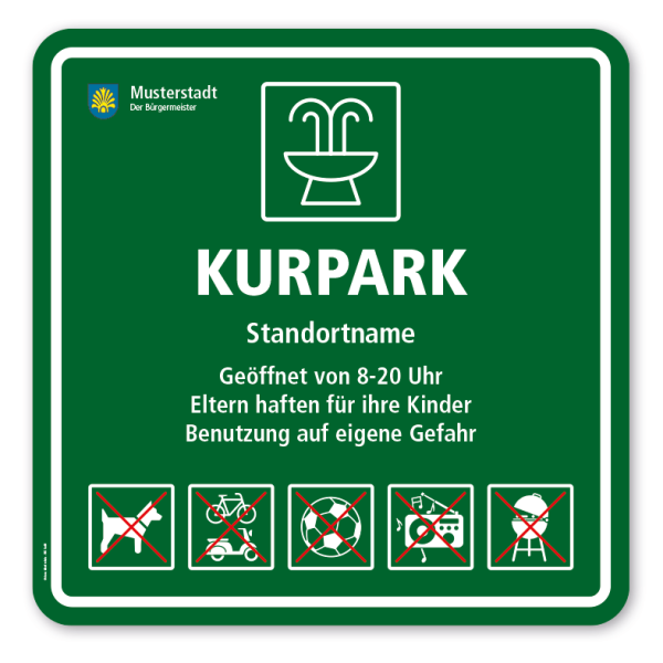 Schild - Kurpark - mit 5 frei zu wählenden Piktogrammen - quadratisch – Schilderserie SP-03