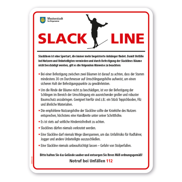 Sportplatzschild Slackline - mit Grundsicherheitsregeln – Schilderserie SP-02-B