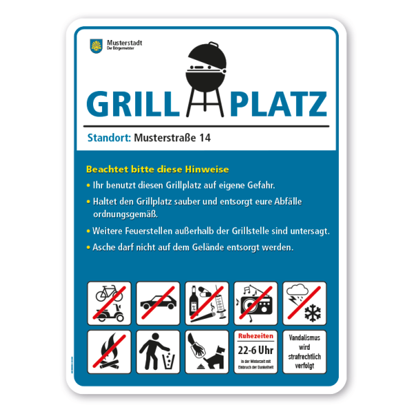 Schild - Grillplatz mit 10 frei zu wählenden Piktogrammen – Schilderserie SP-02-B