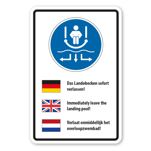 Hinweisschild Das Landebecken sofort verlassen - Symbol – in Deutsch - Englisch - Niederländisch