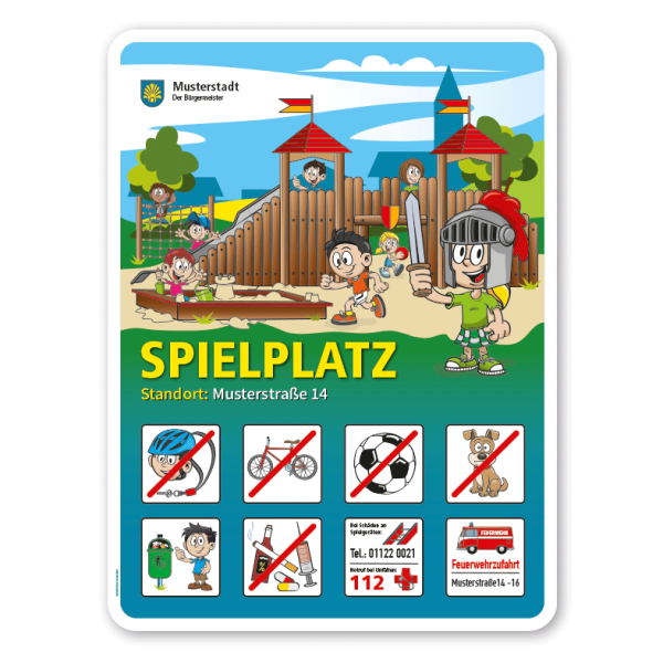 Spielplatzschild Ritterspielplatz - Burgspielplatz - mit 8 frei zu wählenden Piktogrammen – Schilderserie SP-01