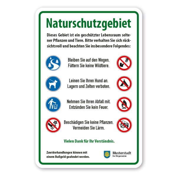 Hinweisschild Naturschutzgebiet - Dieses Gebiet ist ein geschützter Lebensraum seltener Pflanzen und Tiere