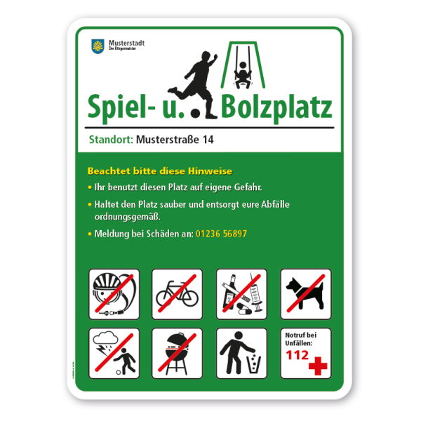 Spielplatzschild - Spiel- und Bolzplatz mit 8 frei zu wählenden Piktogrammen – Schilderserie SP-02-B