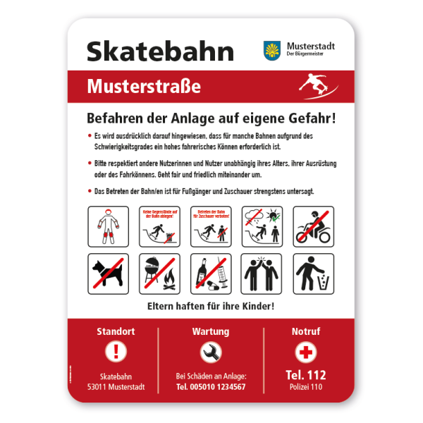 Hinweisschild für Skatebahnen - mit 10 frei zu wählenden Piktogrammen – Serie SP-02-C