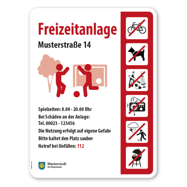 Spielplatzschild - Freizeitanlage mit 6 frei zu wählenden Piktogrammen – Schilderserie SP-05