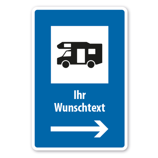 Parkplatzschild Wohnmobil mit rechtsweisendem Pfeil und Wunschtext – mit großem Piktogramm - Verkehrsschild