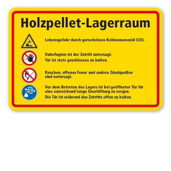 Schild Holzpellet-Lagerraum - mit 4 Sicherheitszeichen