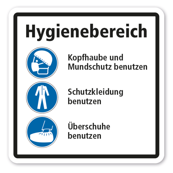 Gebotsschild Hygienebereich - Kopfhaube, Mundschutz, Schutzkleidung und Überschuhe benutzen