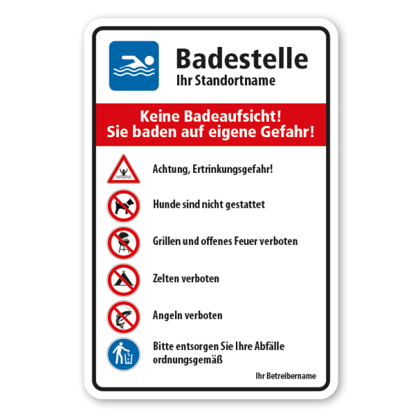 Hinweisschild Badestelle - Keine Badeaufsicht - Sie baden auf eigene Gefahr - mit Hinweisen zur Nutzung