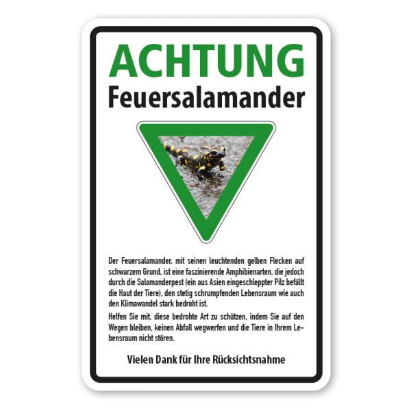 Hinweisschild Achtung Feuersalamander - mit Informationen