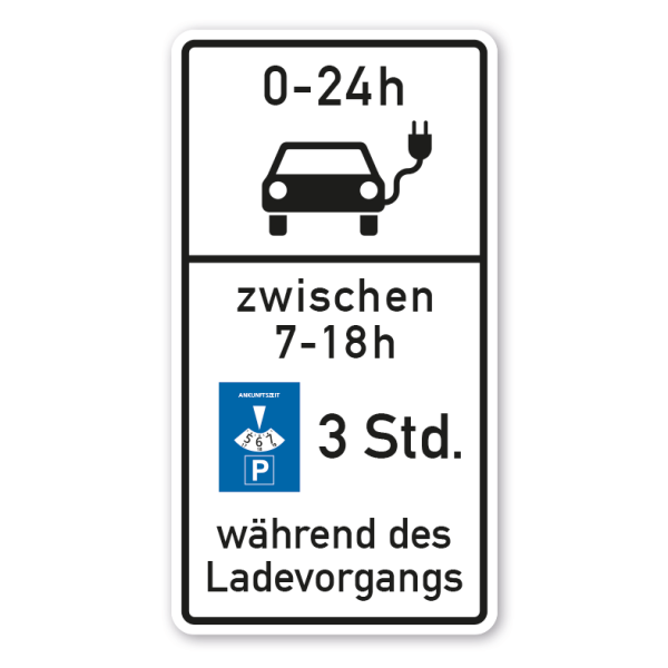 Zusatzzeichen Ladestation für Elektroautos - mit Angaben zu Park- und Ladezeiten - 0-24 h - zwischen 7-18 h 3 Stunden während des Ladevorgangs - Verkehrsschild VZ-84