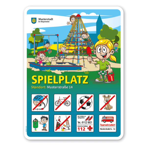 Spielplatzschild Seilpyramide - Sandkasten - Schaukel - mit 8 frei zu wählenden Piktogrammen – Schilderserie SP-01