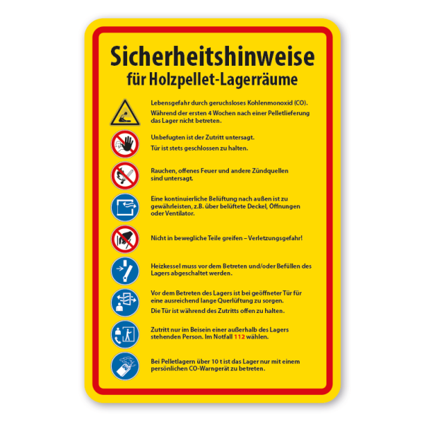 Schild Sicherheitshinweise für Holzpellet-Lagerräume - mit 9 Sicherheitszeichen