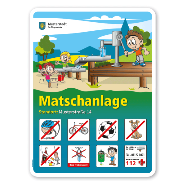 Spielplatzschild Matschanlage - Wasserspielplatz - mit 8 frei zu wählenden Piktogrammen – Schilderserie SP-01