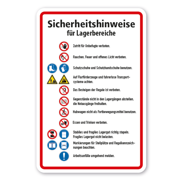 Schild Sicherheitshinweise für Lagerbereiche