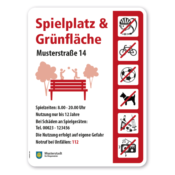 Spielplatzschild - Spielplatz & Grünfläche mit 6 frei zu wählenden Piktogrammen – Schilderserie SP-05