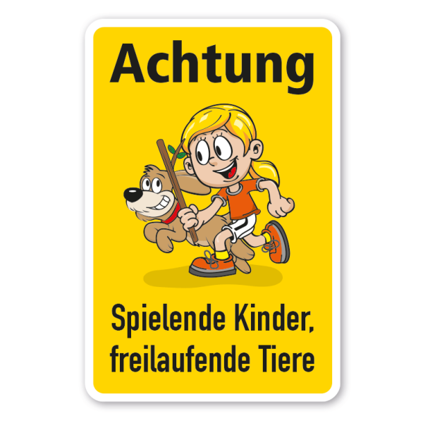 Kinderschild Achtung - Spielende Kinder, freilaufende Tiere