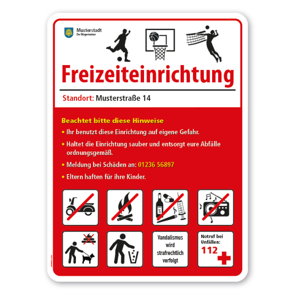 Spielplatzschild - Freizeiteinrichtung - Fußball - Basketball - Volleyball mit 8 frei zu wählenden Piktogrammen – Schilderserie SP-02-B