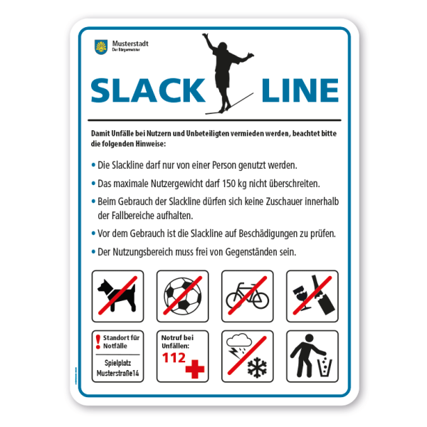 Spielplatzschild Slackline - mit Regeln und 8 frei zu wählenden Piktogrammen – Schilderserie SP-02-B